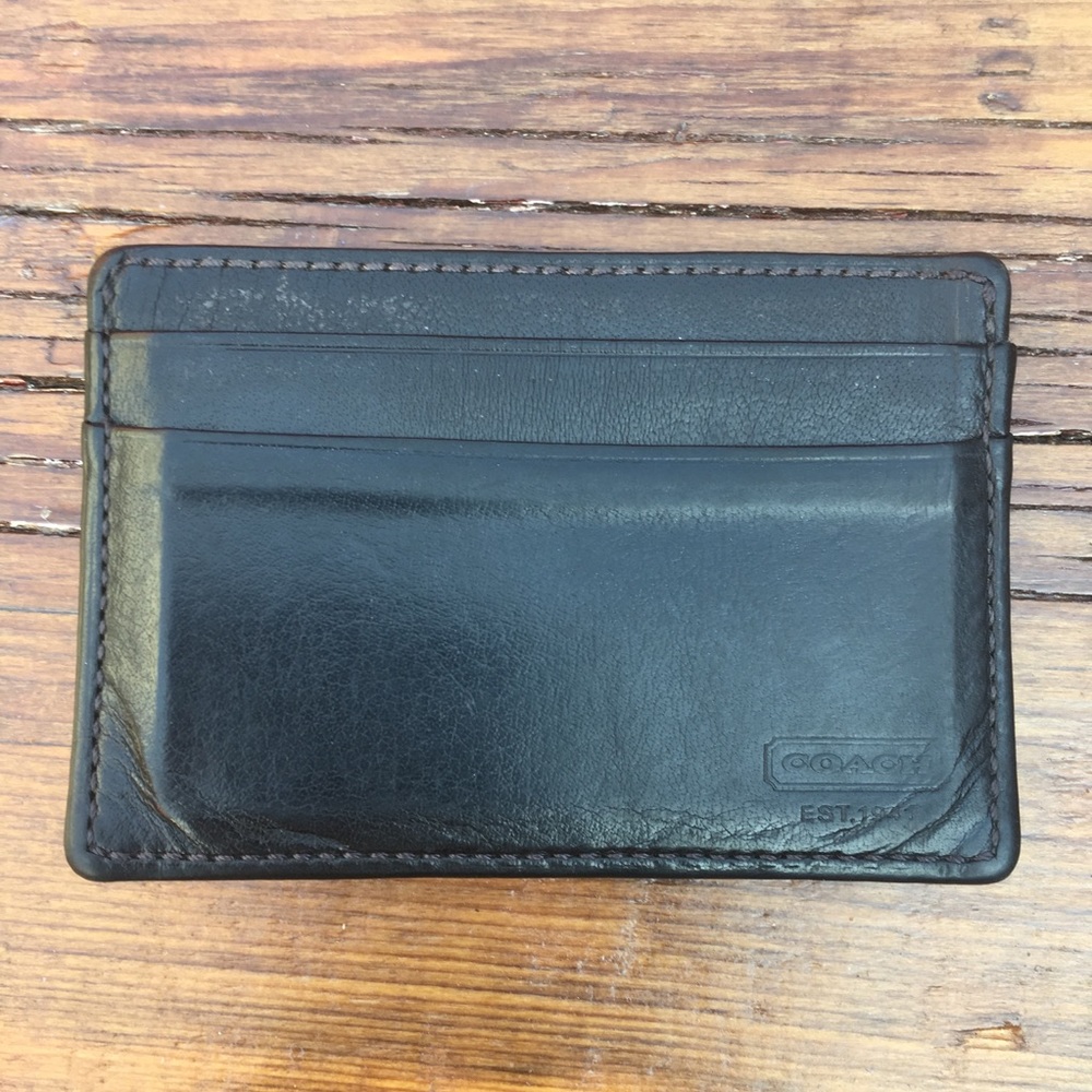 COACH black leather card wallet money clip.
